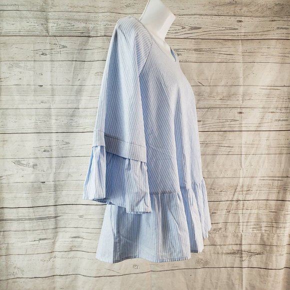 Pleione Womens Ruffle Hem Top Sz Medium Blue White Striped 3/4 Sleeve Cotton - Picture 3 of 6